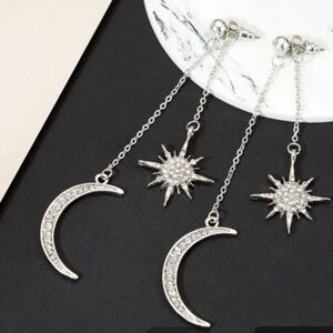 Moon & Star Earrings Rhinestones Drop / Dangling Silver Tone